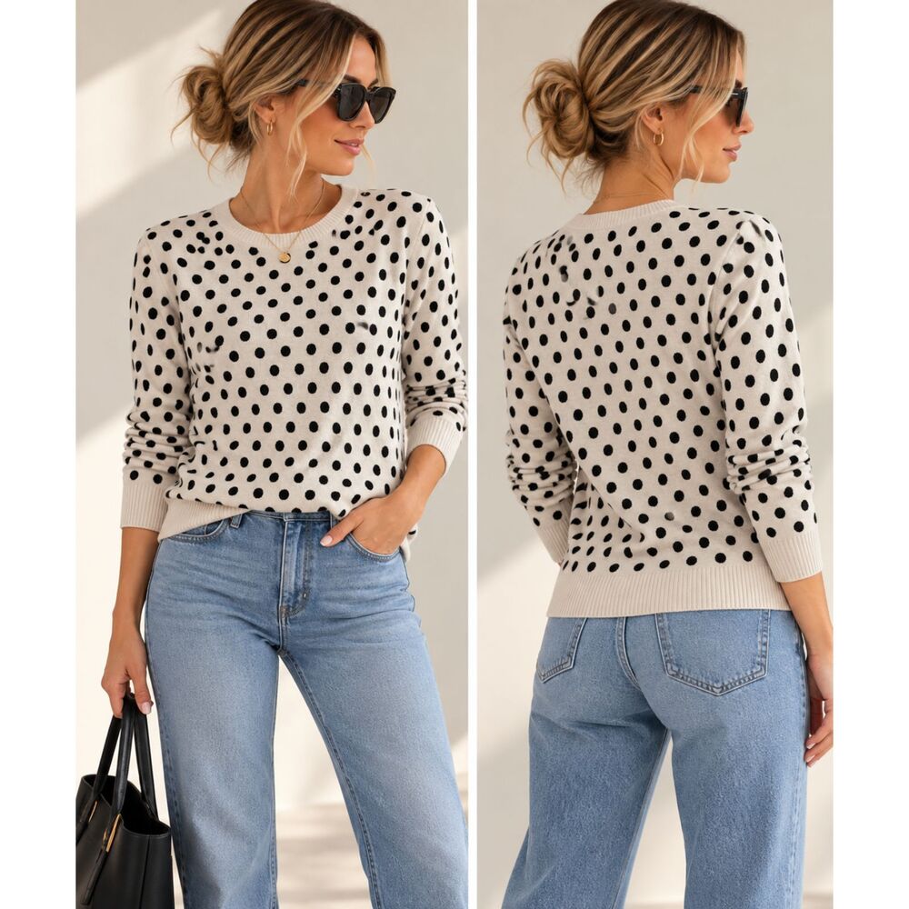 41 Hawthorn Cream Black Polka Dot Cotton Sweater Women’s Size Large